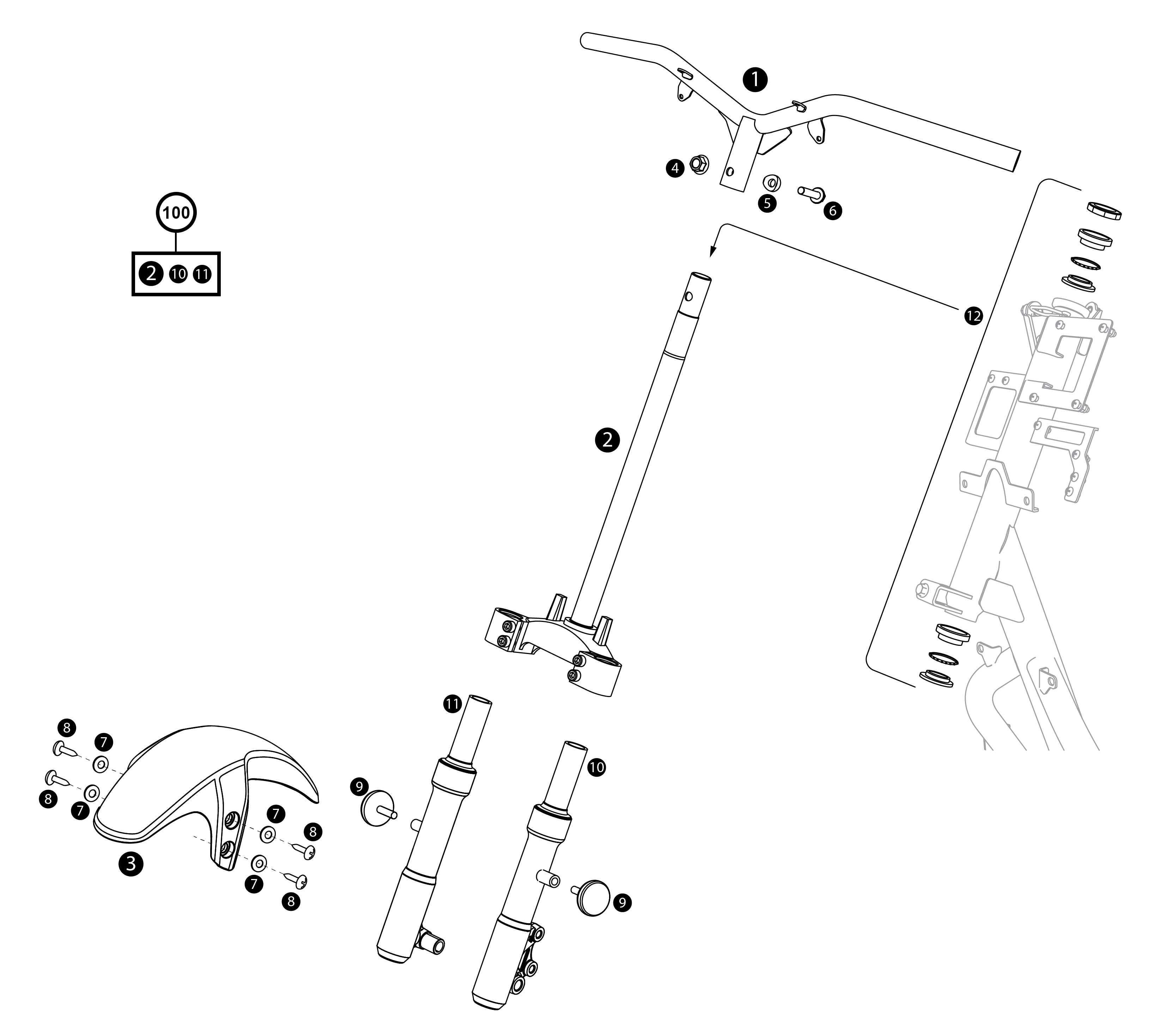 Federbeine mit Lenkstange und Kotflügel MQi